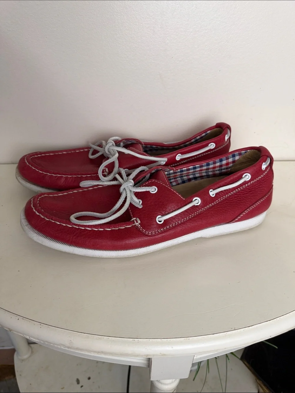 (2387) Rockport Men's Red Leather Boat Shoes - Casual Lace-Up, Size: 10